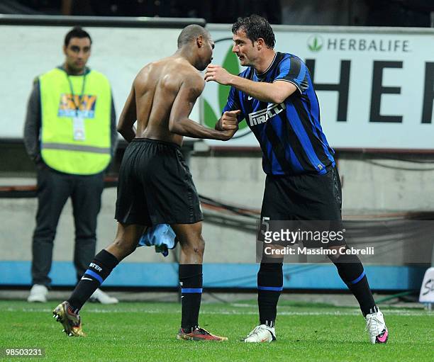 Samuel Eto'o Fils of FC Internazionale Milano celebrates scoring his team's second goal with team mate Dejan Stankovic during the Serie A match...
