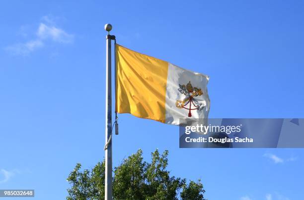 flag of vatican city over a blue sky - vatican city flag stock pictures, royalty-free photos & images