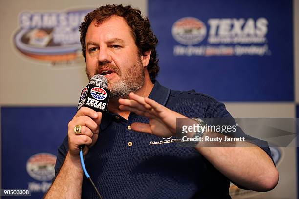 President of Texas Motor Speedway Eddie Gossage speaks to the media during a press conference at Texas Motor Speedway on April 16, 2010 in Fort...