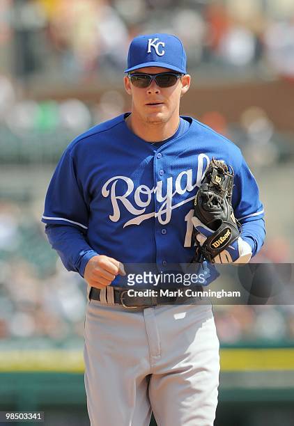 Chris Getz of the Kansas City Royals looks on against the Detroit Tigers during the game at Comerica Park on April 14, 2010 in Detroit, Michigan. The...