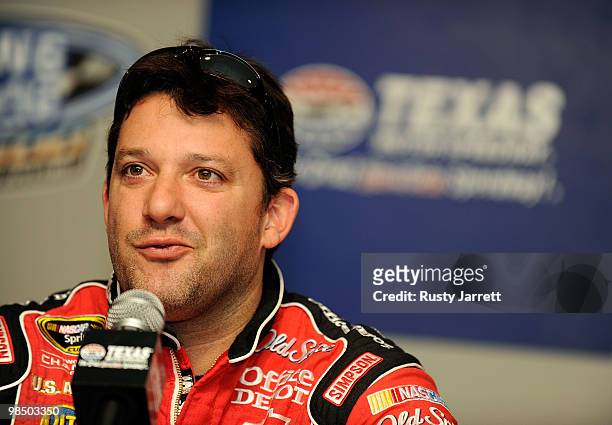 Tony Stewart, driver of the Office Depot/Old Spice Chevrolet, speaks to the media during a press conference at Texas Motor Speedway on April 16, 2010...