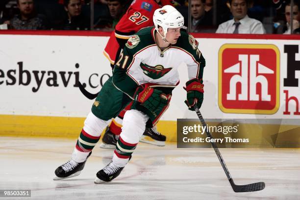 Kyle Brodziak of the Minnesota Wild skates against the Calgary Flames on April 8, 2010 at Pengrowth Saddledome in Calgary, Alberta, Canada. The Wild...