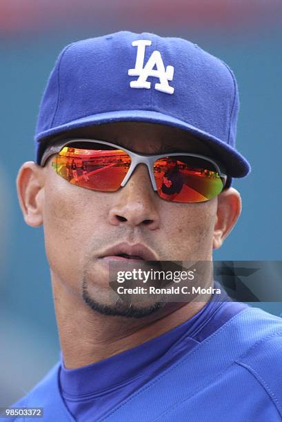 Rafael Furcal of the Los Angeles Dodgers during batting practice before a MLB game against the Florida Marlins at Sun Life Stadium on April 10, 2010...