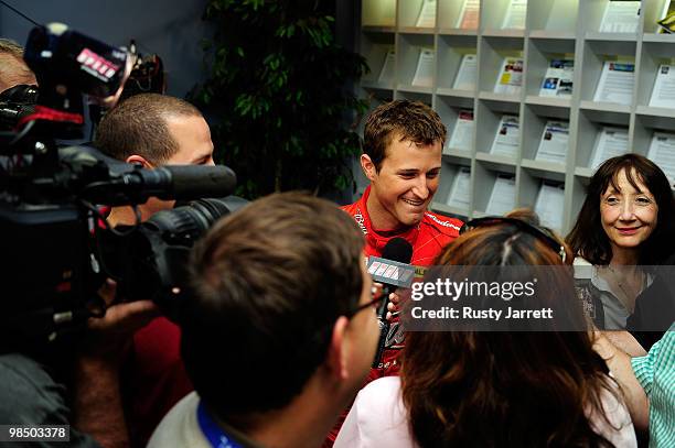 Kasey Kahne , driver of the Budweiser Ford, speaks to the media during a press conference at Texas Motor Speedway on April 16, 2010 in Fort Worth,...