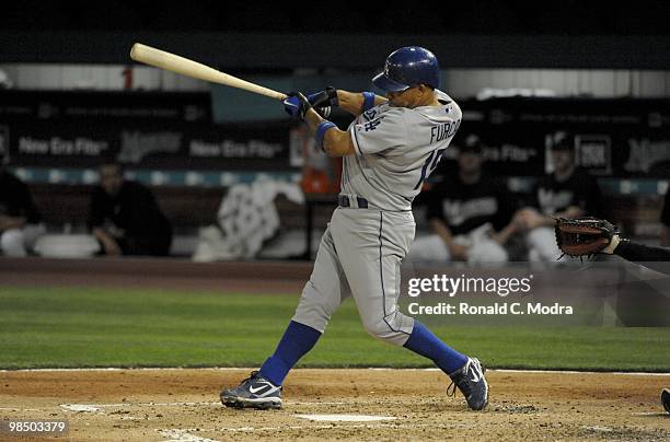 Rafael Furcal of the Los Angeles Dodgers bats during a MLB game against the Florida Marlins at Sun Life Stadium on April 10, 2010 in Miami, Florida....