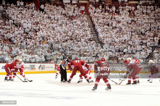 Martin Hanzal of the Phoenix Coyotes gets ready to take a face off in the Detroit Red Wings zone in Game One of the Western Conference Quarterfinals...