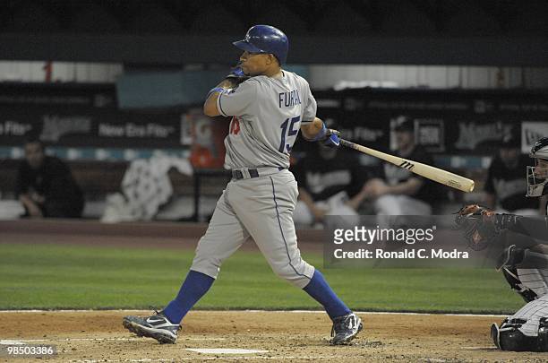 Rafael Furcal of the Los Angeles Dodgers bats during a MLB game against the Florida Marlins at Sun Life Stadium on April 10, 2010 in Miami, Florida....