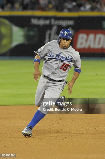 Rafael Furcal of the Los Angeles Dodgers runs to third base during a MLB game against the Florida Marlins at Sun Life Stadium on April 10, 2010 in...