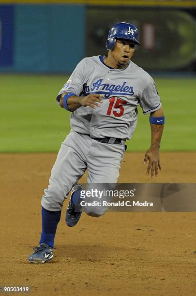 Rafael Furcal of the Los Angeles Dodgers runs to third base during a MLB game against the Florida Marlins at Sun Life Stadium on April 10, 2010 in...