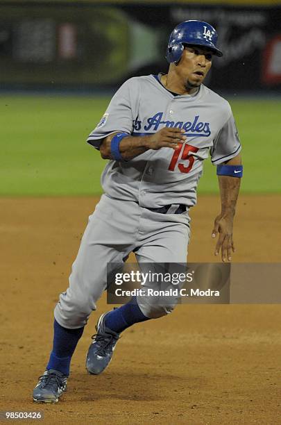 Rafael Furcal of the Los Angeles Dodgers runs to third base during a MLB game against the Florida Marlins at Sun Life Stadium on April 10, 2010 in...
