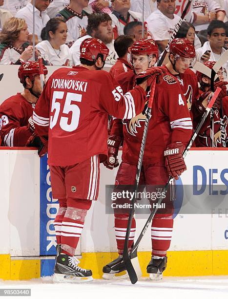 Zbynek Michalek and teammate Ed Jovanovski of the Phoenix Coyotes talk during a stop in play against the Detroit Red Wings in Game One of the Western...