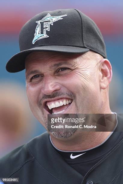 Manager Fredi Gonzalez of the Florida Marlins during batting practice before a MLB game against the Los Angeles Dodgers at Sun Life Stadium on April...