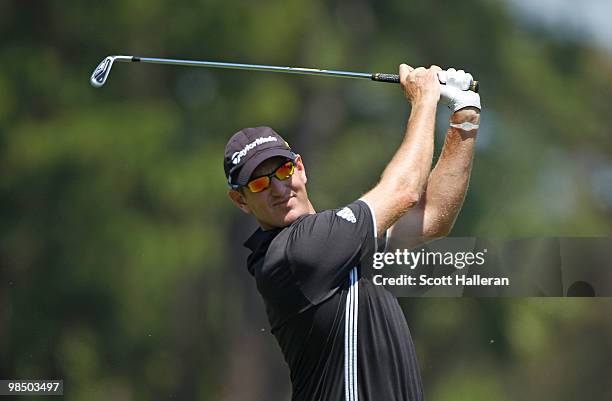 Greg Owen of England hits his approach shot on the tenth hole during the second round of the Verizon Heritage at the Harbour Town Golf Links on April...