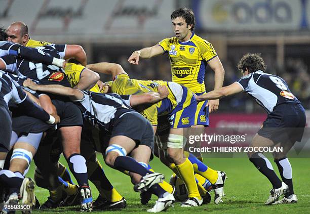 Clermont scum half morgan Parra drives the scrum during the French Top 14 rugby union match Clermont vs. Castres at the Marcel Michelin stadium on...