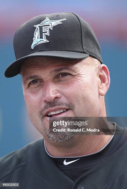 Manager Fredi Gonzalez of the Florida Marlins during batting practice before a MLB game against the Los Angeles Dodgers at Sun Life Stadium on April...