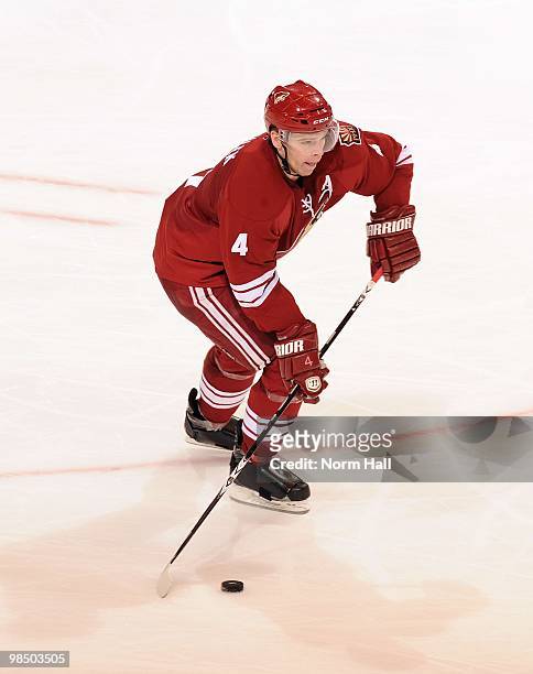 Zbynek Michalek of the Phoenix Coyotes looks to pass the puck up ice against the Detroit Red Wings in Game One of the Western Conference...