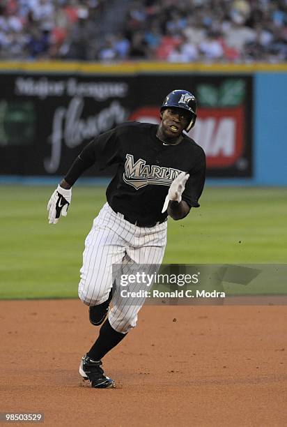 Cameron Maybin of the Florida Marlins runs to third base during a MLB game against the Los Angeles Dodgers at Sun Life Stadium on April 10, 2010 in...