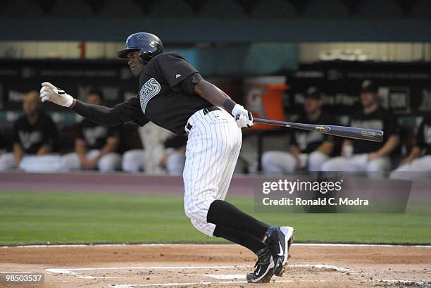 Cameron Maybin of the Florida Marlins bats during a MLB game against the Los Angeles Dodgers at Sun Life Stadium on April 10, 2010 in Miami, Florida....