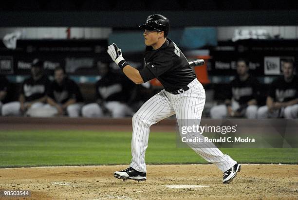 Chris Coghlan of the Florida Marlins bats during a MLB game against the Los Angeles Dodgers at Sun Life Stadium on April 10, 2010 in Miami, Florida....