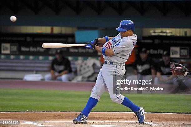 Rafael Furcal of the Los Angeles Dodgers bats during a MLB game against the Florida Marlins at Sun Life Stadium on April 10, 2010 in Miami, Florida....