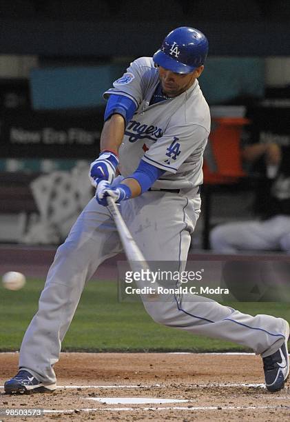 James Loney of the Los Angeles Dodgers bats during a MLB game against the Florida Marlins at Sun Life Stadium on April 10, 2010 in Miami, Florida....