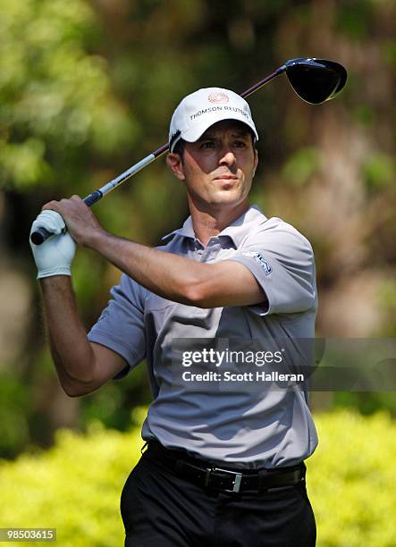 Mike Weir of Canada hits his tee shot on the 12th hole during the second round of the Verizon Heritage at the Harbour Town Golf Links on April 16,...