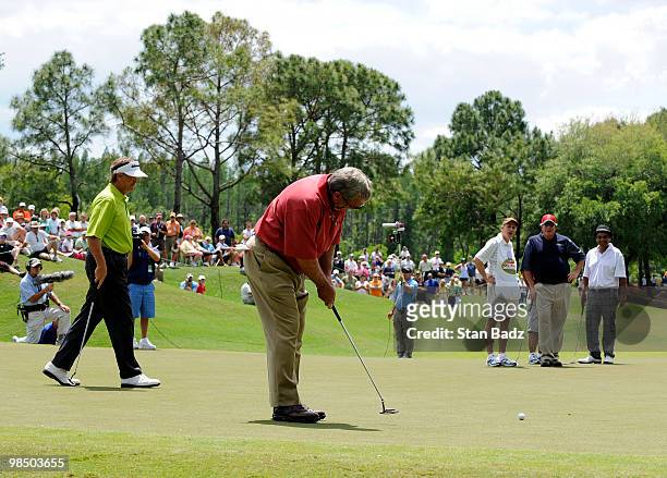 Fuzzy Zoeller hits a putt on the ninth green during the first round of the Outback Steakhouse Pro-Am at TPC Tampa Bay on April 16, 2010 in Lutz,...