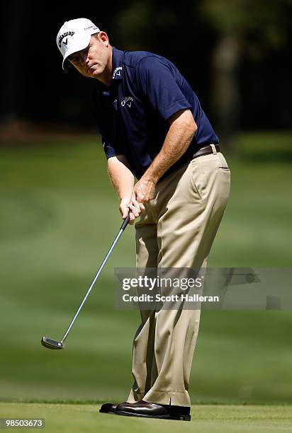 Shaun Micheel hits a putt on the 13th green during the second round of the Verizon Heritage at the Harbour Town Golf Links on April 16, 2010 in...