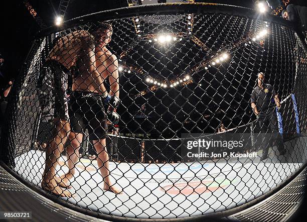Fighter Ricardo Almeida battles UFC fighter Matt Brown during their Welterweight fight at UFC 111: St-Pierre vs. Hardy at the Prudential Center on...
