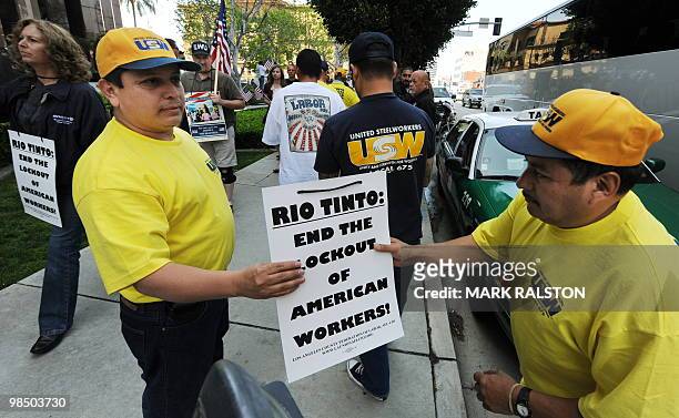 Union members arrive at the British Consulate to support the 560 workers from the Rio Tinto Borax mine in Boron, California who have been locked out...