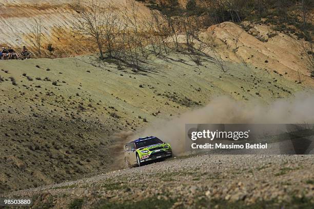 Mikko Hirvonen of Finland and Jarmo Lehtinen of Finland compete in their BP Abu Dhabi Ford Focus during Leg 1 of the WRC Rally of Turkey on April 16,...