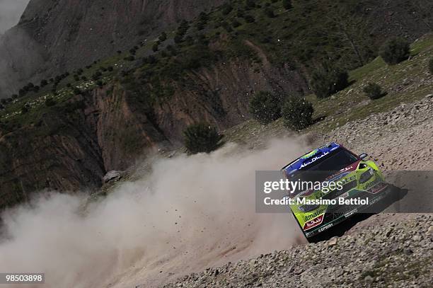 Mikko Hirvonen of Finland and Jarmo Lehtinen of Finland compete in their BP Abu Dhabi Ford Focus during Leg 1 of the WRC Rally of Turkey on April 16,...