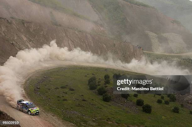 Mikko Hirvonen of Finland and Jarmo Lehtinen of Finland compete in their BP Abu Dhabi Ford Focus during Leg 1 of the WRC Rally of Turkey on April 16,...