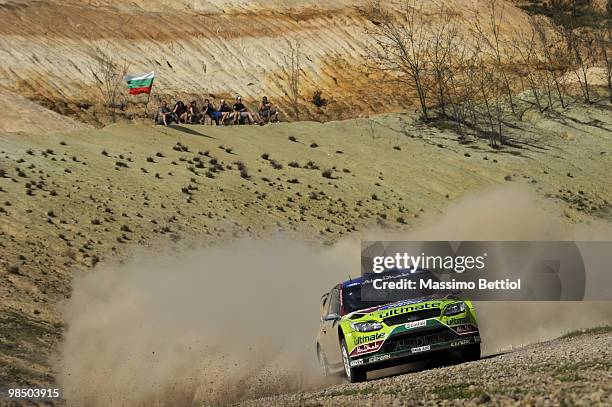 Jari Matti Latvala of Finland and Mikka Anttila of Finland compete in their BP Abu Dhabi Ford Focus during Leg 1 of the WRC Rally of Turkey on April...