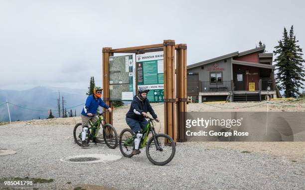 Mountain bikers hit the top of Whitefish Mountain Ski Resort, a popular mountain biking area during the summer, on June 22 in Whitefish, Montana....