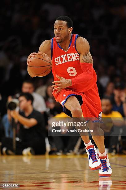 Andre Iguodala of the Philadelphia 76ers dribbles against the Los Angeles Lakers during the game on February 26, 2010 at Staples Center in Los...