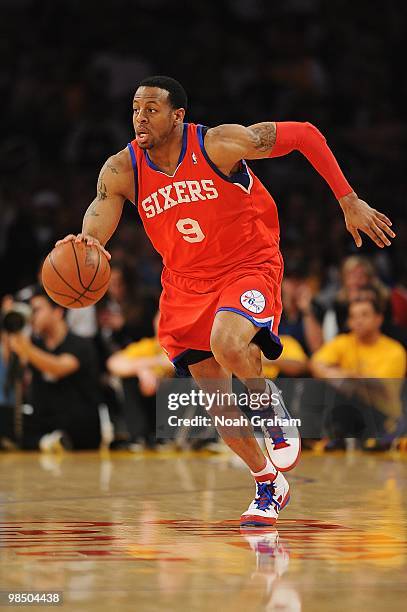 Andre Iguodala of the Philadelphia 76ers dribbles against the Los Angeles Lakers during the game on February 26, 2010 at Staples Center in Los...