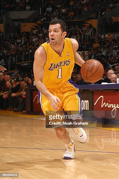Jordan Farmar of the Los Angeles Lakers dribbles during the game against the Philadelphia 76ers on February 26, 2010 at Staples Center in Los...