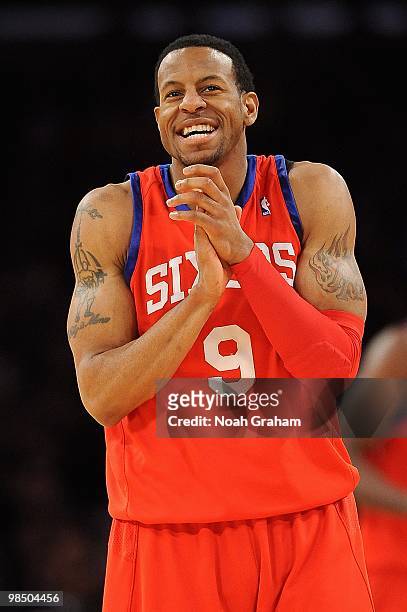 Andre Iguodala of the Philadelphia 76ers reacts during the game against the Los Angeles Lakers on February 26, 2010 at Staples Center in Los Angeles,...