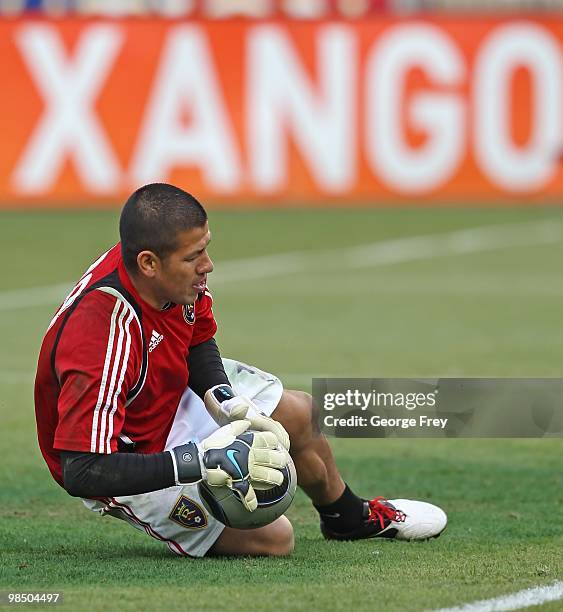 Goalkeeper Nick Rimando of Real Salt Lake warms up prior to their MLS match against Seattle Sounders FC at Rio Tinto Stadium on April 10, 2010 in...