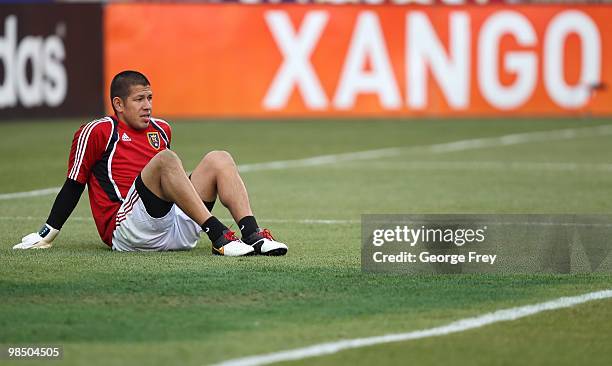 Goalkeeper Nick Rimando of Real Salt Lake rests during warm-up prior to their MLS match against Seattle Sounders FC at Rio Tinto Stadium on April 10,...