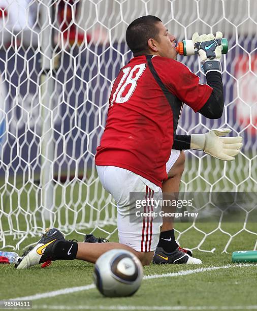 Goalkeeper Nick Rimando of Real Salt Lake takes a drink during warm-up prior to their MLS match against Seattle Sounders FC at Rio Tinto Stadium on...