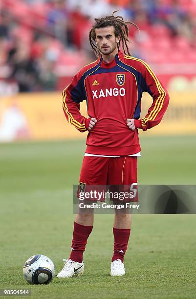 Kyle Beckerman of Real Salt Lake warms up before their MLS game against Seattle Sounders FC at Rio Tinto Stadium on April 10, 2010 in Sandy, Utah....