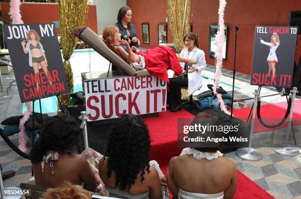 Comedian Kathy Griffin gets a pap smear on camera in order to promote women's health awareness at the Palomar Hotel on April 16, 2010 in Westwood,...