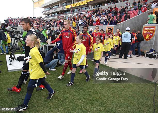Goalkeeper Nick Rimando of Real Salt Lake leads his teammates onto the field before their MLS match against Seattle Sounders FC at Rio Tinto Stadium...