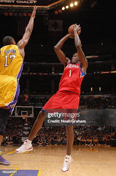 Samuel Dalembert of the Philadelphia 76ers goes up for a shot against Andrew Bynum of the Los Angeles Lakers on February 26, 2010 at Staples Center...