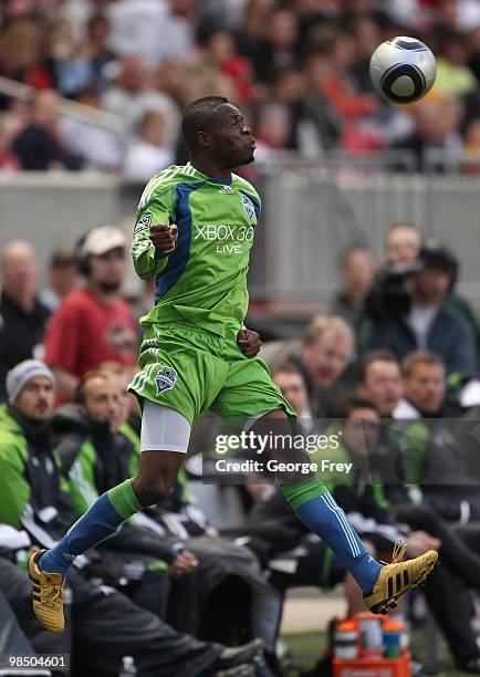 Steve Zakuani of Seattle Sounders FC heads the ball in the second half during an MLS game against Real Salt Lake at Rio Tinto Stadium on April 10,...