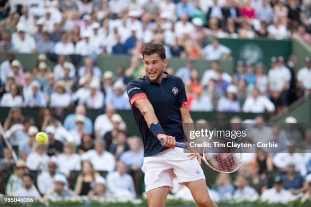June 10. French Open Tennis Tournament - Day Fifteen. Dominic Thiem of Austria in action against Rafael Nadal of Spain on Court Philippe-Chatrier...