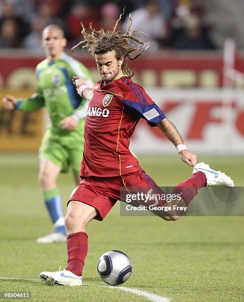 Kyle Beckerman of Real Salt Lake kicks the ball in the second half during an MLS game against Seattle Sounders FC at Rio Tinto Stadium on April 10,...