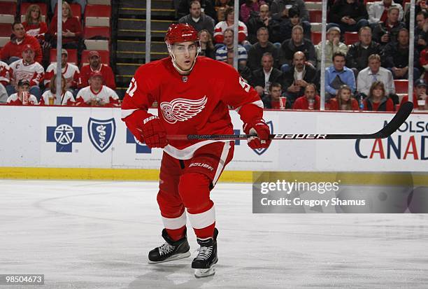 Jonathan Ericsson of the Detroit Red Wings skates against the Minnesota Wild during their NHL game on March 11, 2010 at Joe Louis Arena in Detroit,...